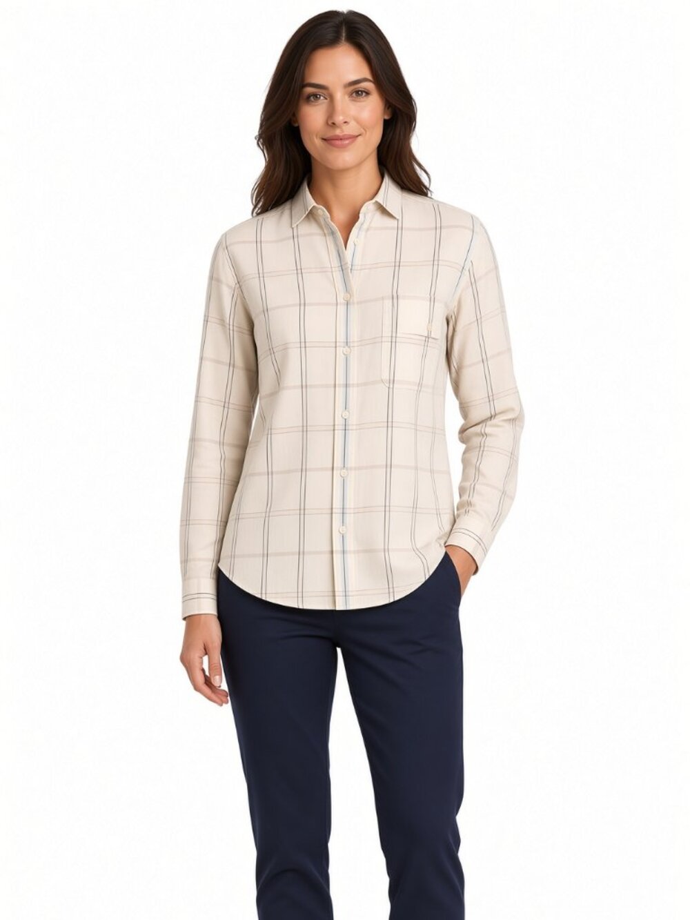 Caren Charles Women Cream Windowpane Plaid Button Up Blouse
